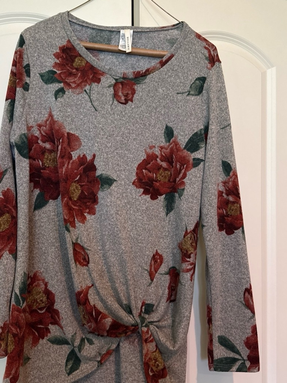 Bellamie Gray Long-Sleeve Tie-Front Top with Red Floral Print